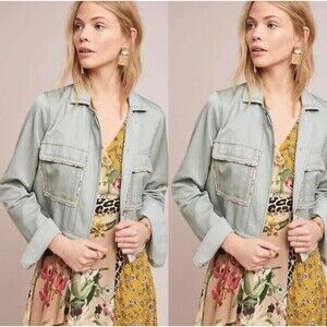 Anthropologie Piped Mint Linen Trucker Jacket Sz XS